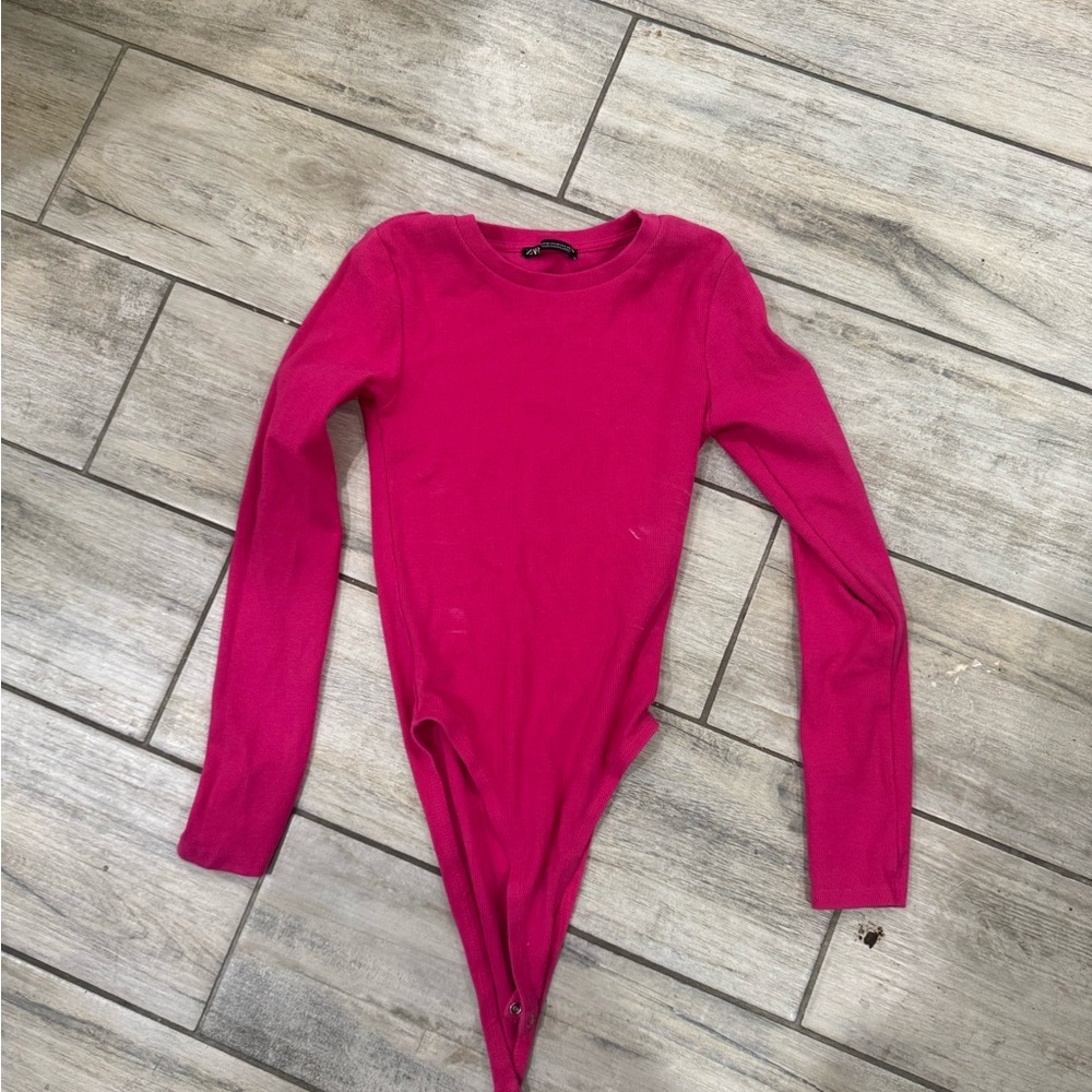 Zara Hot Pink Long-Sleeve Crew Neck Bodysuit Sweater
